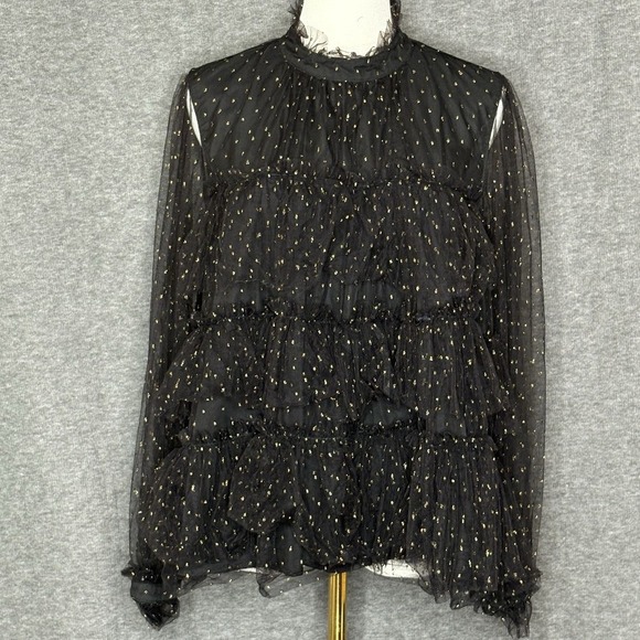 Adam Lippes Sheer Ruffle Top Black Gold Tiered Ruffle Blouse Womens Size 8 - Picture 3 of 12